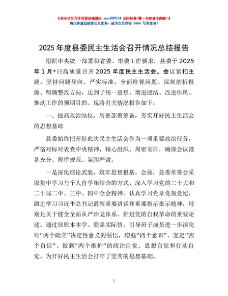 2025年度县委民主生活会召开情况总结报告
