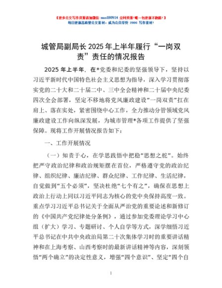 城管局副局长2025年上半年履行“一岗双责”责任的情况报告