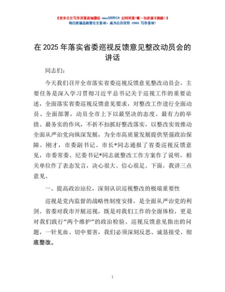 在2025年落实省委巡视反馈意见整改动员会的讲话