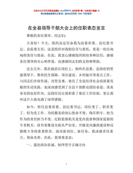 在全县领导干部大会上的任职表态发言