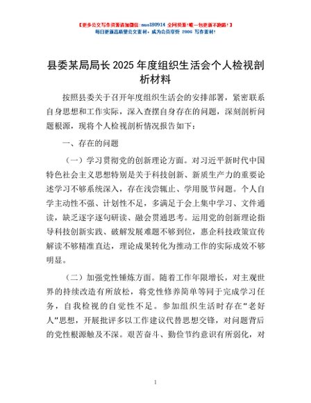 县委某局局长2025年度组织生活会个人检视剖析材料