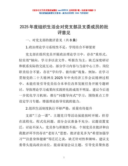 2025年度组织生活会对党支部及支委成员的批评意见