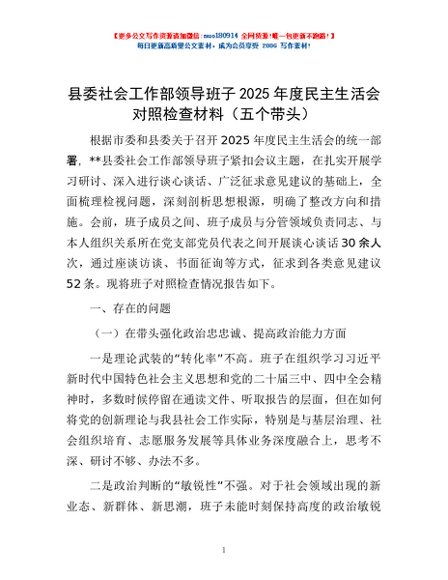 县委社会工作部领导班子2025年度民主生活会对照检查材料（五个带头）