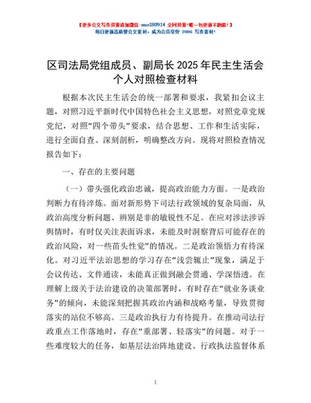区司法局党组成员、副局长2025年民主生活会个人对照检查材料