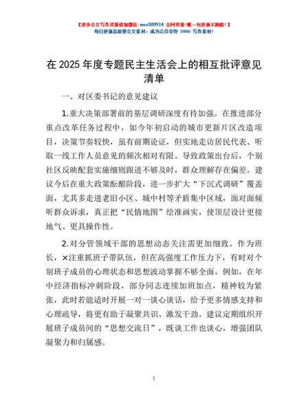 在2025年度专题民主生活会上的相互批评意见清单