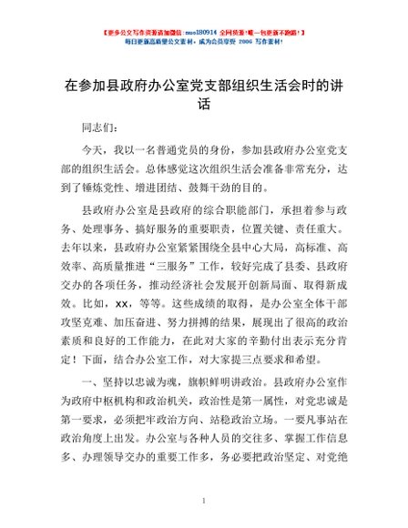 在参加县政府办公室党支部组织生活会时的讲话