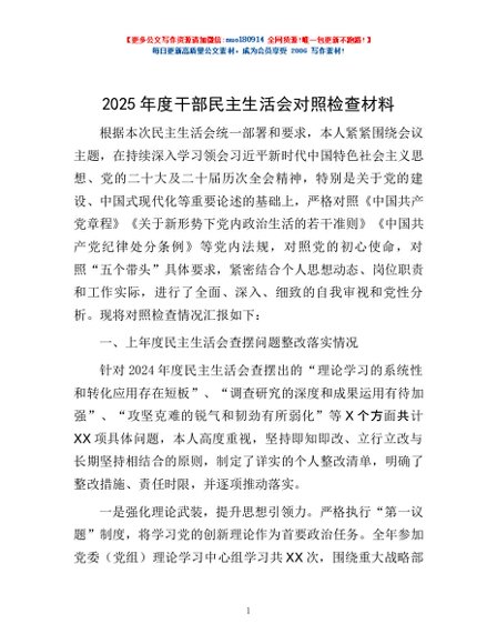 2025年度干部民主生活会对照检查材料